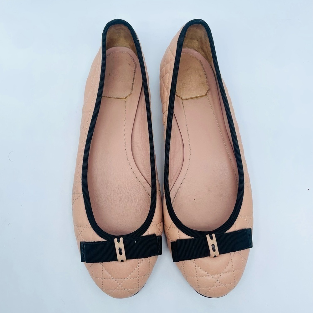 Dior Blush Pink Quilted Leather Ballet Flats with Black Trim